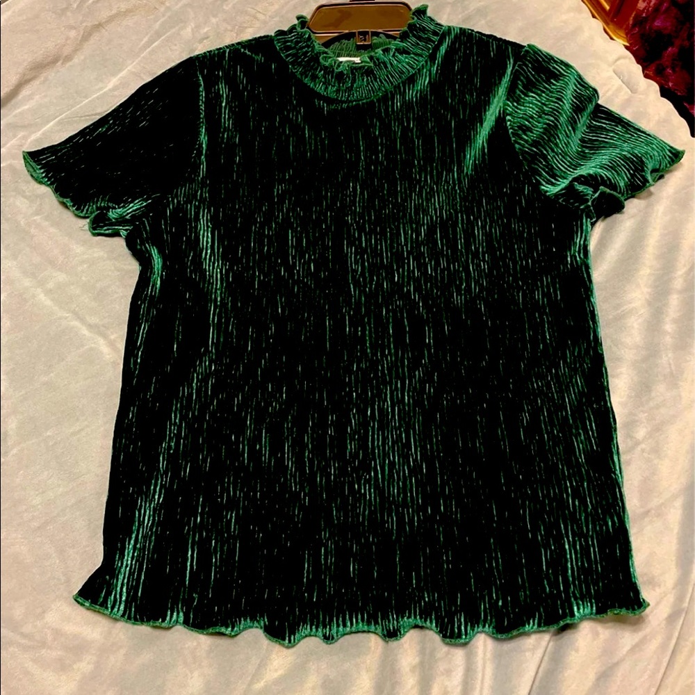 Crushed velvet green ruffle top